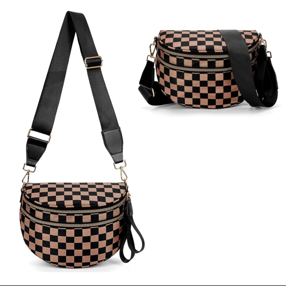 Checkered Crossbody Bag - Black and Brown